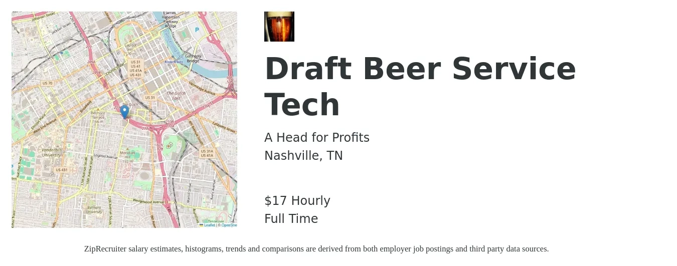A Head for Profits job posting for a Draft Beer Service Tech in Nashville, TN with a salary of $18 Hourly with a map of Nashville location.