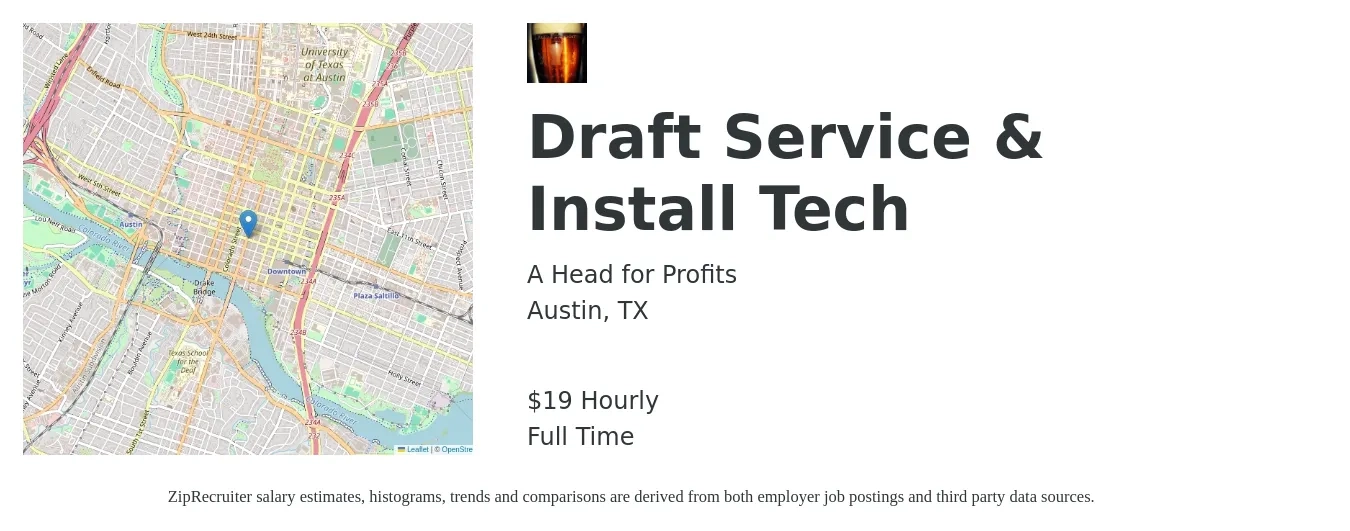 A Head for Profits job posting for a Draft Service & Install Tech in Austin, TX with a salary of $20 Hourly with a map of Austin location.
