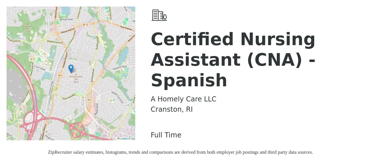 A Homely Care LLC job posting for a Certified Nursing Assistant (CNA) - Spanish in Cranston, RI with a salary of $16 to $23 Hourly with a map of Cranston location.