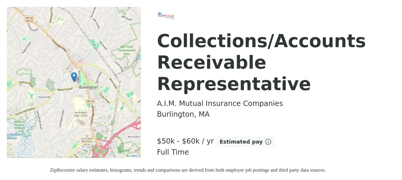 A.I.M. Mutual Insurance Companies job posting for a Collections/Accounts Receivable Representative in Burlington, MA with a salary of $50,000 to $60,000 Yearly with a map of Burlington location.