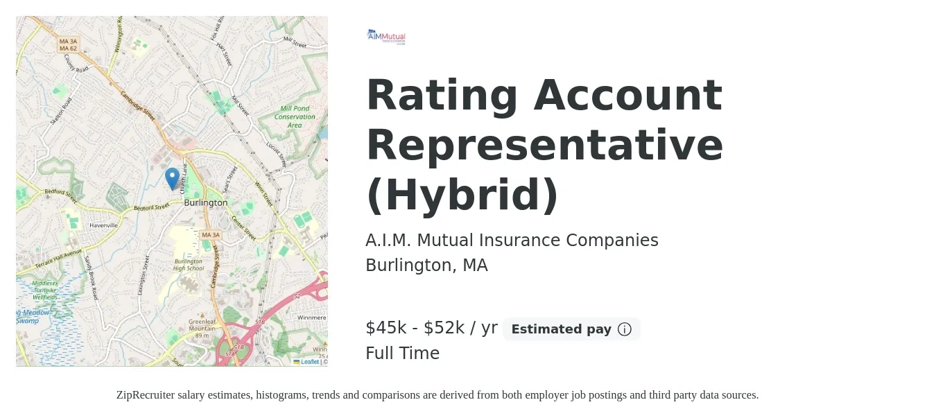 A.I.M. Mutual Insurance Companies job posting for a Rating Account Representative (Hybrid) in Burlington, MA with a salary of $45,000 to $52,000 Yearly with a map of Burlington location.