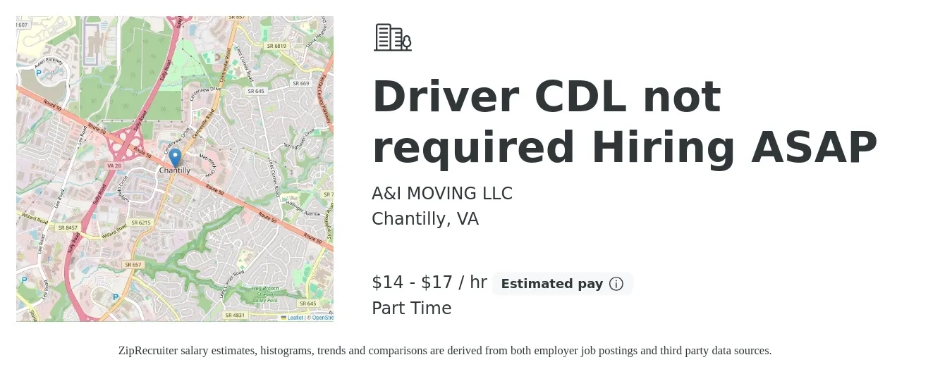 A&I MOVING LLC job posting for a Driver CDL not required Hiring ASAP in Chantilly, VA with a salary of $15 to $18 Hourly with a map of Chantilly location.