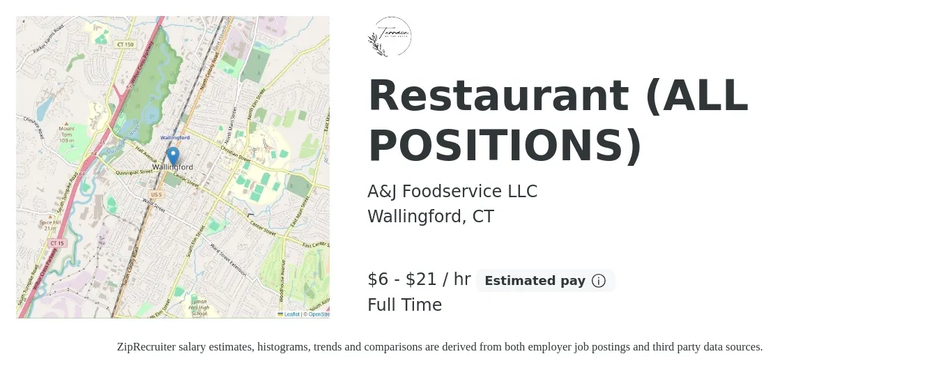 A&J Foodservice LLC job posting for a Restaurant (ALL POSITIONS) in Wallingford, CT with a salary of $6 to $22 Hourly with a map of Wallingford location.