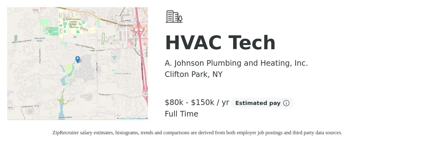 A. Johnson Plumbing and Heating, Inc. job posting for a HVAC Tech in Clifton Park, NY with a salary of $80,000 to $150,000 Yearly with a map of Clifton Park location.
