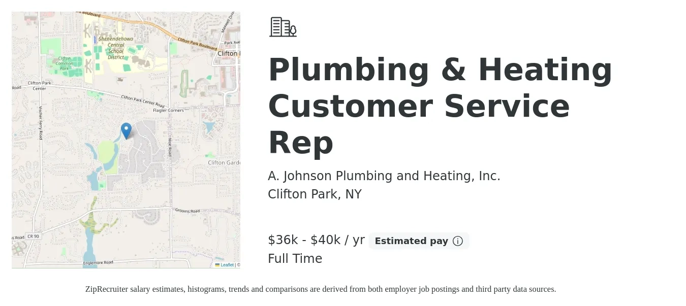 A. Johnson Plumbing and Heating, Inc. job posting for a Plumbing & Heating Customer Service Rep in Clifton Park, NY with a salary of $36,000 to $40,000 Yearly with a map of Clifton Park location.