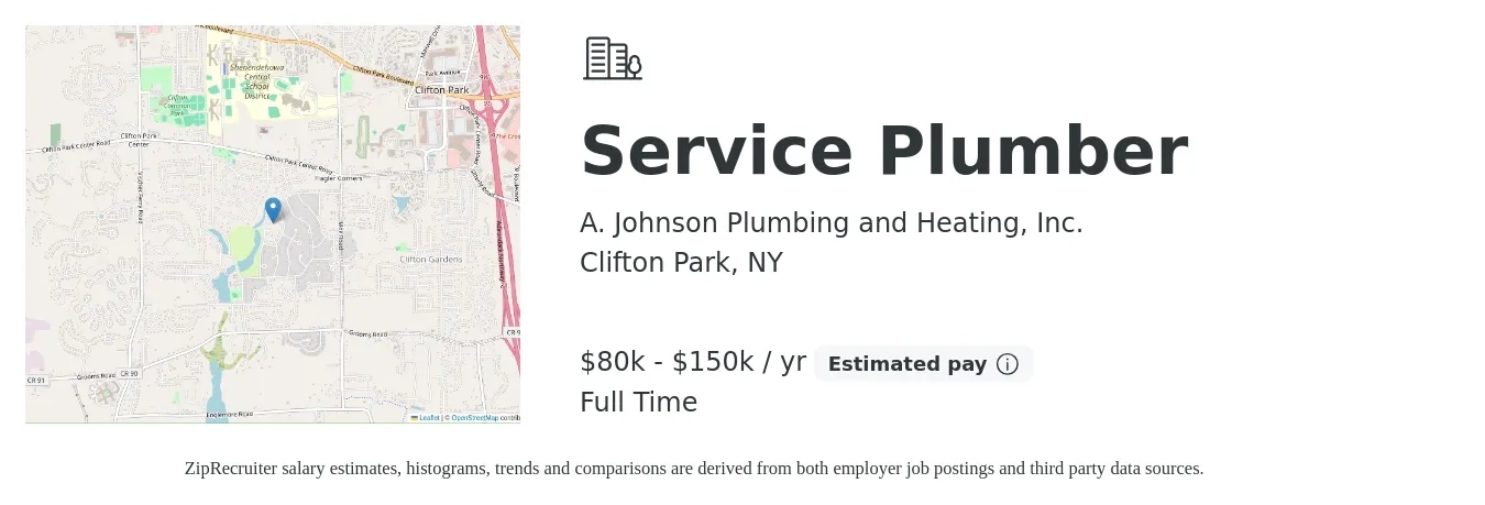 A. Johnson Plumbing and Heating, Inc. job posting for a Service Plumber in Clifton Park, NY with a salary of $80,000 to $150,000 Yearly with a map of Clifton Park location.