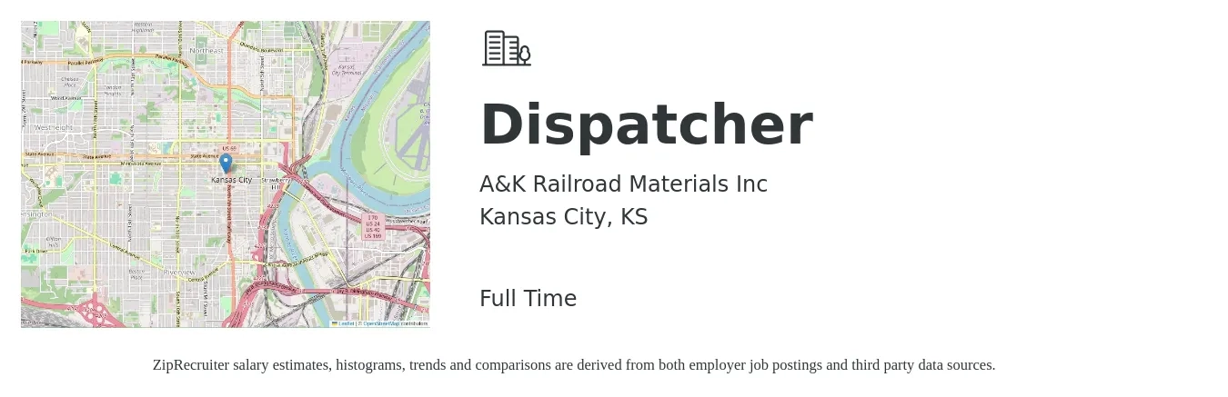 A&K Railroad Materials Inc job posting for a Dispatcher in Kansas City, KS with a salary of $17 to $23 Hourly with a map of Kansas City location.