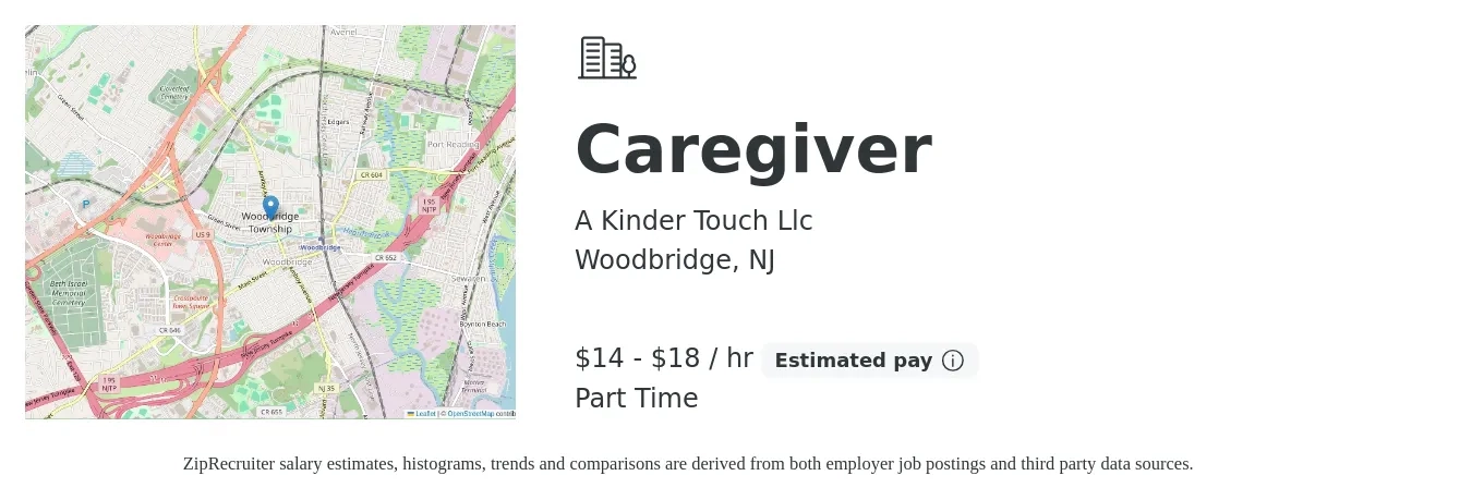 A Kinder Touch Llc job posting for a Caregiver in Woodbridge, NJ with a salary of $16 to $19 Hourly with a map of Woodbridge location.