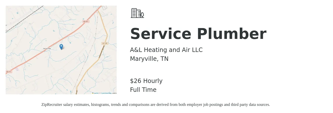 A&L Heating and Air LLC job posting for a Service Plumber in Maryville, TN with a salary of $28 Hourly with a map of Maryville location.