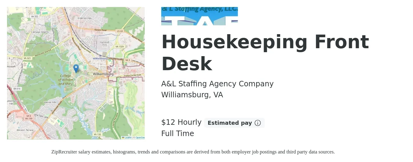 A&L Staffing Agency Company job posting for a Housekeeping Front Desk in Williamsburg, VA with a salary of $12 to $13 Hourly with a map of Williamsburg location.