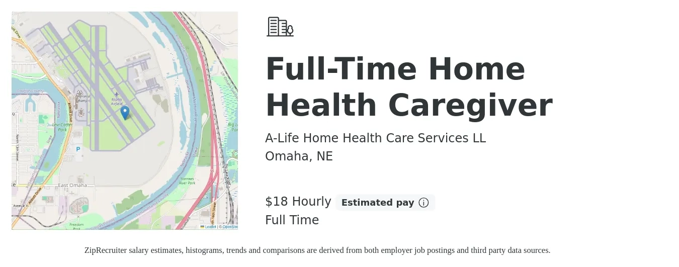 A-Life Home Health Care Services LL job posting for a Full-Time Home Health Caregiver in Omaha, NE with a salary of $19 Hourly and benefits including retirement with a map of Omaha location.