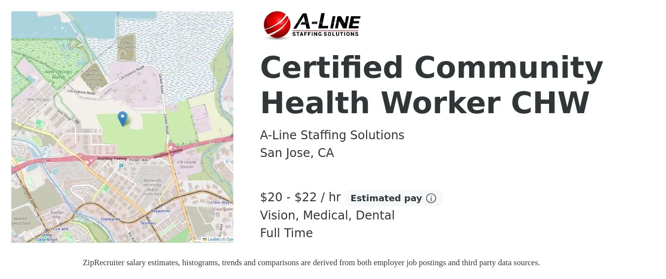 A-Line Staffing Solutions job posting for a Certified Community Health Worker CHW in San Jose, CA with a salary of $21 to $24 Hourly and benefits including dental, life_insurance, medical, retirement, and vision with a map of San Jose location.