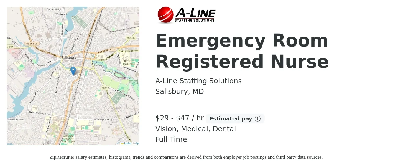 A-Line Staffing Solutions job posting for a Emergency Room Registered Nurse in Salisbury, MD with a salary of $31 to $50 Hourly and benefits including medical, retirement, vision, dental, and life_insurance with a map of Salisbury location.