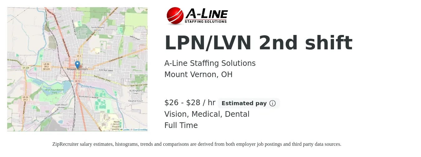 A-Line Staffing Solutions job posting for a LPN/LVN 2nd shift in Mount Vernon, OH with a salary of $28 to $30 Hourly and benefits including medical, retirement, vision, dental, and life_insurance with a map of Mount Vernon location.