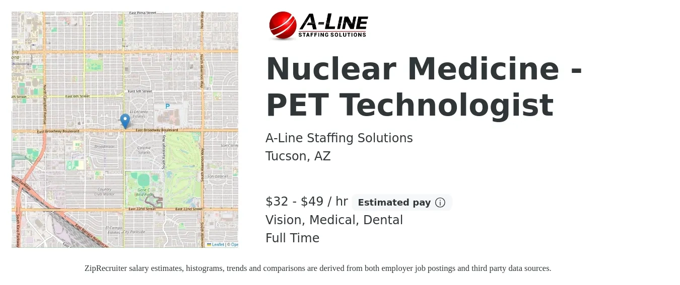 A-Line Staffing Solutions job posting for a Nuclear Medicine - PET Technologist in Tucson, AZ with a salary of $34 to $51 Hourly and benefits including retirement, vision, dental, life_insurance, and medical with a map of Tucson location.