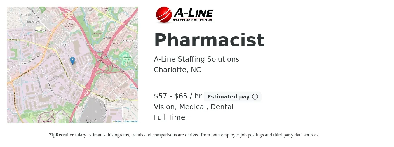 A-Line Staffing Solutions job posting for a Pharmacist in Charlotte, NC with a salary of $60 to $68 Hourly and benefits including vision, dental, life_insurance, medical, and retirement with a map of Charlotte location.