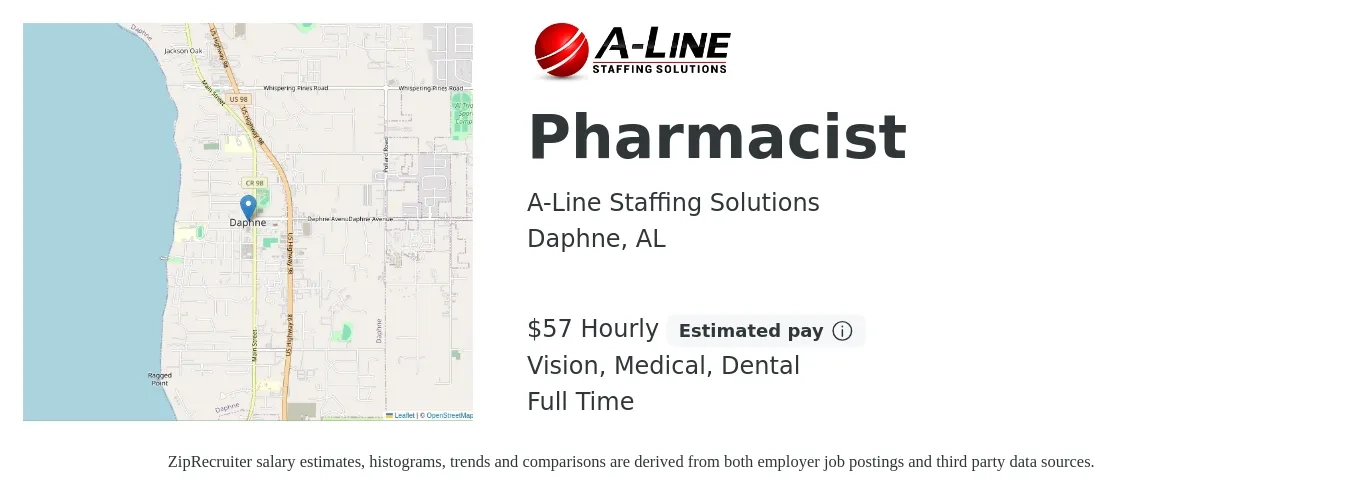 A-Line Staffing Solutions job posting for a Pharmacist in Daphne, AL with a salary of $60 Hourly and benefits including retirement, vision, dental, life_insurance, and medical with a map of Daphne location.