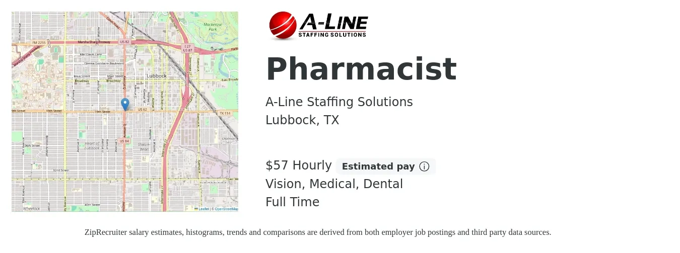 A-Line Staffing Solutions job posting for a Pharmacist in Lubbock, TX with a salary of $60 Hourly and benefits including vision, dental, life_insurance, medical, and retirement with a map of Lubbock location.