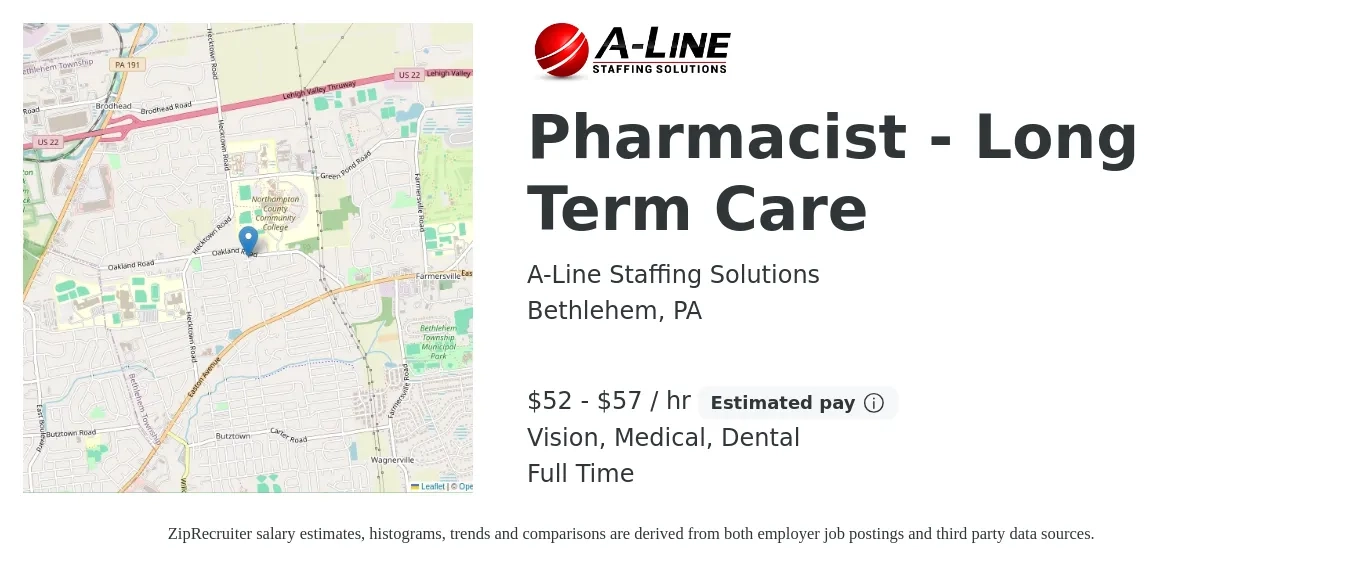 A-Line Staffing Solutions job posting for a Pharmacist - Long Term Care in Bethlehem, PA with a salary of $55 to $60 Hourly and benefits including dental, life_insurance, medical, retirement, and vision with a map of Bethlehem location.