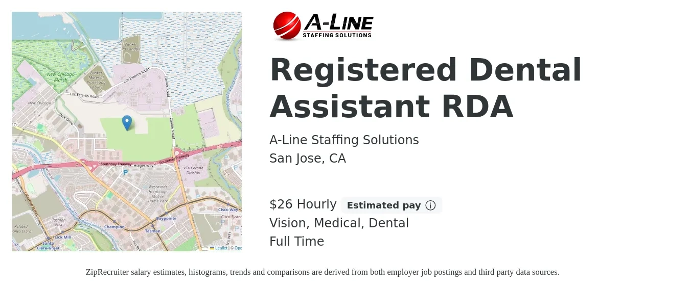 A-Line Staffing Solutions job posting for a Registered Dental Assistant RDA in San Jose, CA with a salary of $27 Hourly and benefits including retirement, vision, dental, life_insurance, and medical with a map of San Jose location.