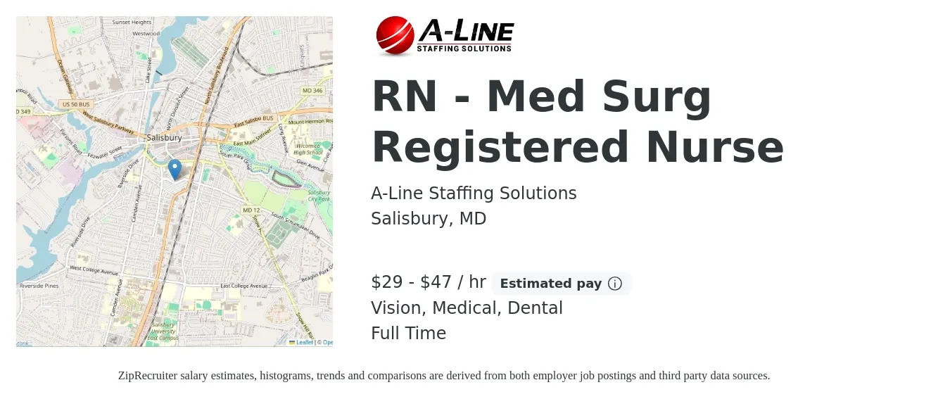 A-Line Staffing Solutions job posting for a RN - Med Surg Registered Nurse in Salisbury, MD with a salary of $31 to $50 Hourly and benefits including medical, vision, and dental with a map of Salisbury location.