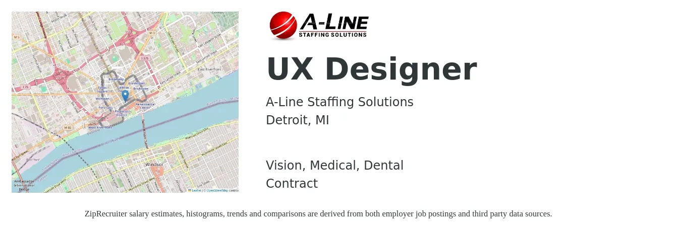 A-Line Staffing Solutions job posting for a UX Designer in Detroit, MI with a salary of $90,100 to $123,700 Yearly and benefits including vision, dental, life_insurance, and medical with a map of Detroit location.