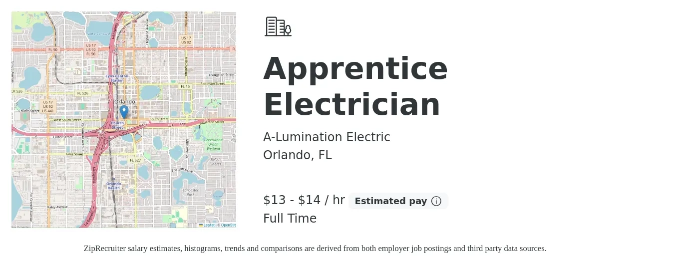 A-Lumination Electric job posting for a Apprentice Electrician in Orlando, FL with a salary of $14 to $15 Hourly with a map of Orlando location.