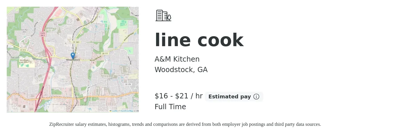 A&M Kitchen job posting for a line cook in Woodstock, GA with a salary of $17 to $22 Hourly with a map of Woodstock location.