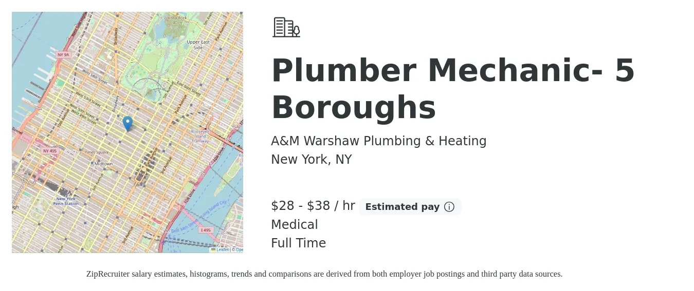 A&M Warshaw Plumbing & Heating job posting for a Plumber Mechanic- 5 Boroughs in New York, NY with a salary of $30 to $40 Hourly and benefits including medical, and retirement with a map of New York location.