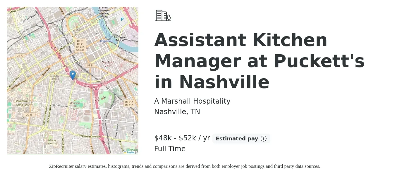 A Marshall Hospitality job posting for a Assistant Kitchen Manager at Puckett's in Nashville in Nashville, TN with a salary of $48,000 to $52,000 Yearly with a map of Nashville location.