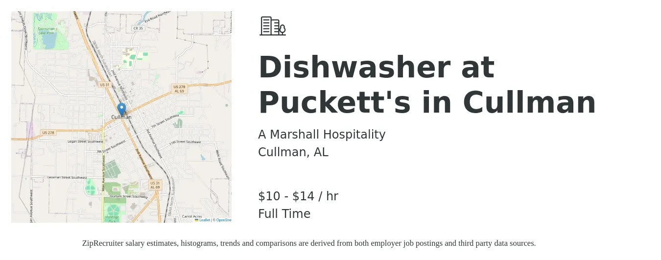 A Marshall Hospitality job posting for a Dishwasher at Puckett's in Cullman in Cullman, AL with a salary of $11 to $15 Hourly with a map of Cullman location.