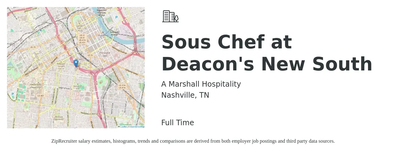 A Marshall Hospitality job posting for a Sous Chef at Deacon's New South in Nashville, TN with a salary of $62,000 to $65,000 Yearly with a map of Nashville location.