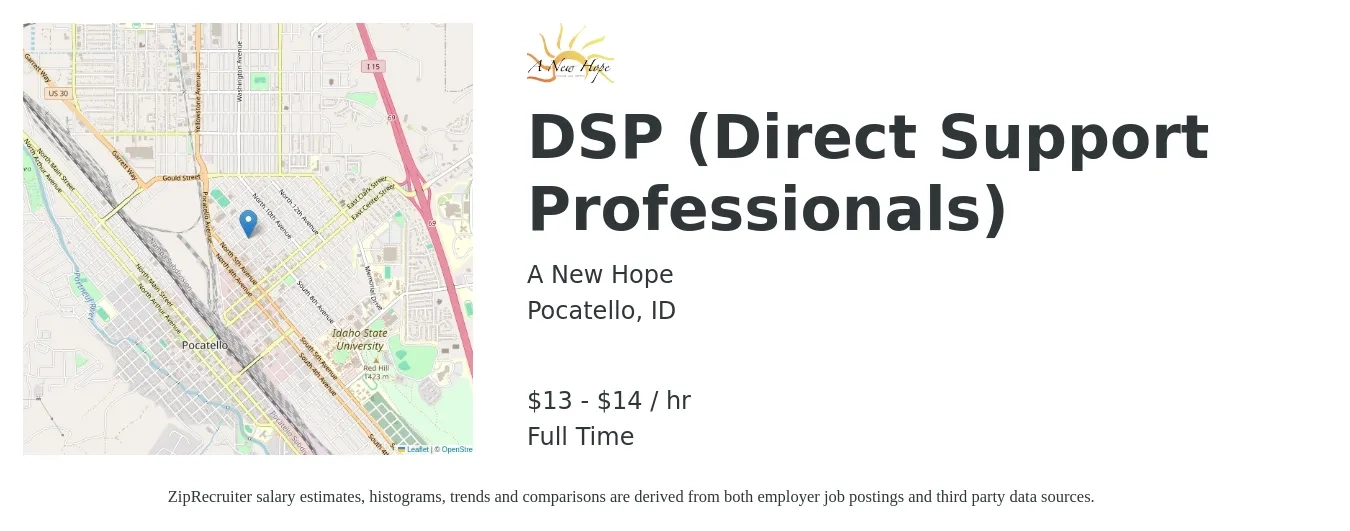 A New Hope job posting for a DSP (Direct Support Professionals) in Pocatello, ID with a salary of $13 to $14 Hourly with a map of Pocatello location.