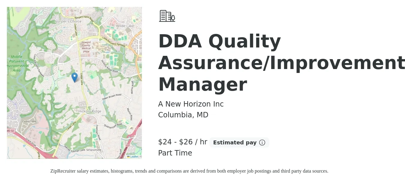 A New Horizon Inc job posting for a DDA Quality Assurance/Improvement Manager in Columbia, MD with a salary of $25 to $28 Hourly with a map of Columbia location.