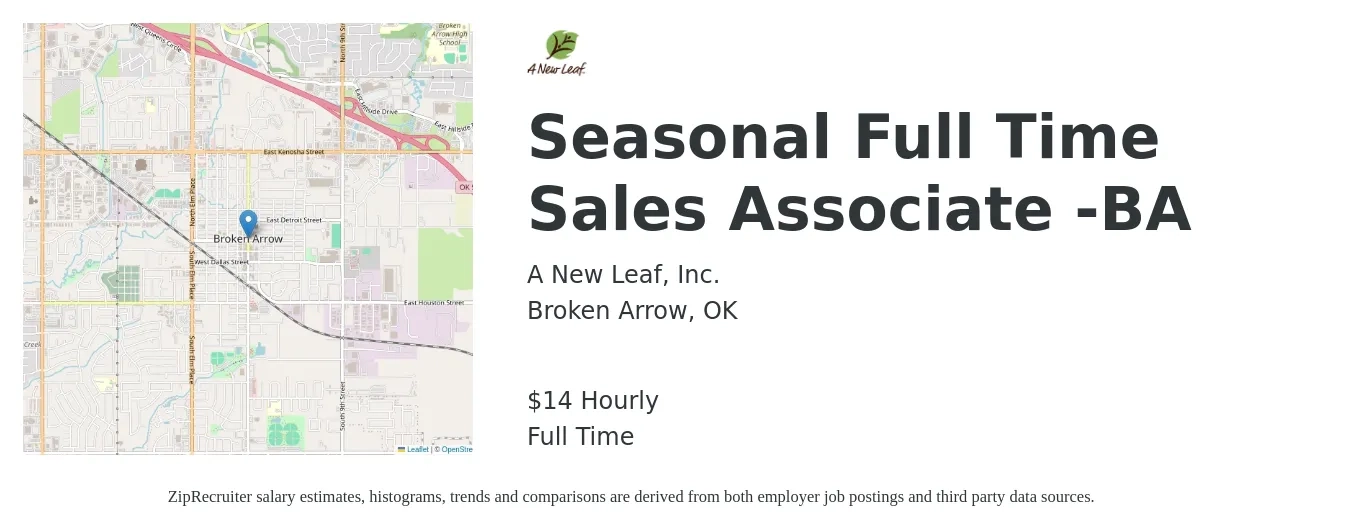 A New Leaf, Inc. job posting for a Seasonal Full Time Sales Associate -BA in Broken Arrow, OK with a salary of $15 Hourly with a map of Broken Arrow location.