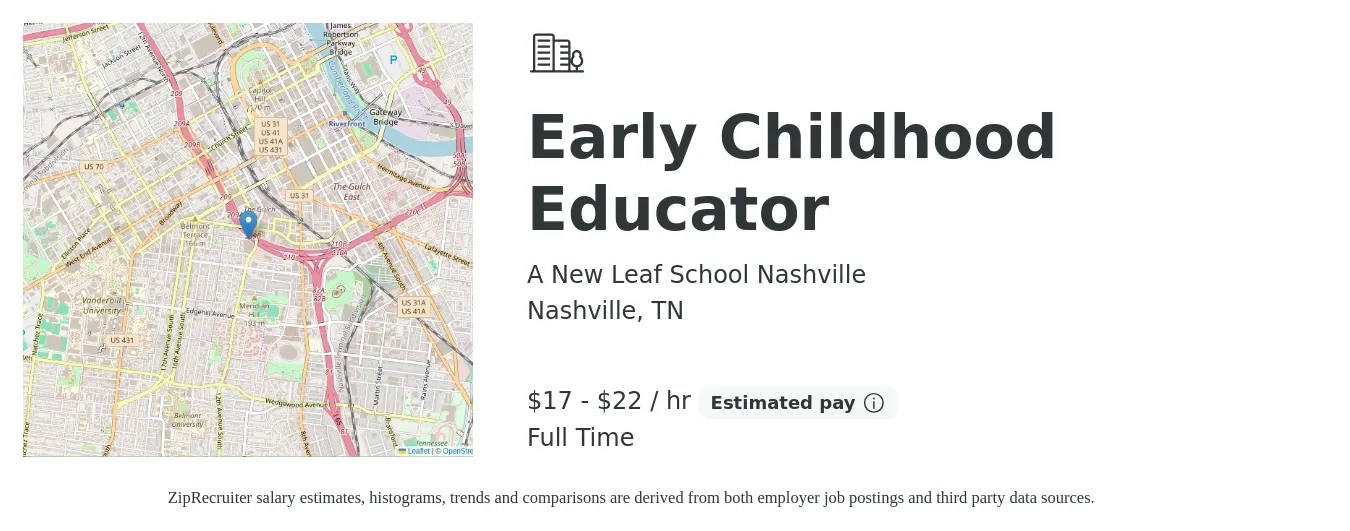 A New Leaf School Nashville job posting for a Early Childhood Educator in Nashville, TN with a salary of $18 to $23 Hourly with a map of Nashville location.