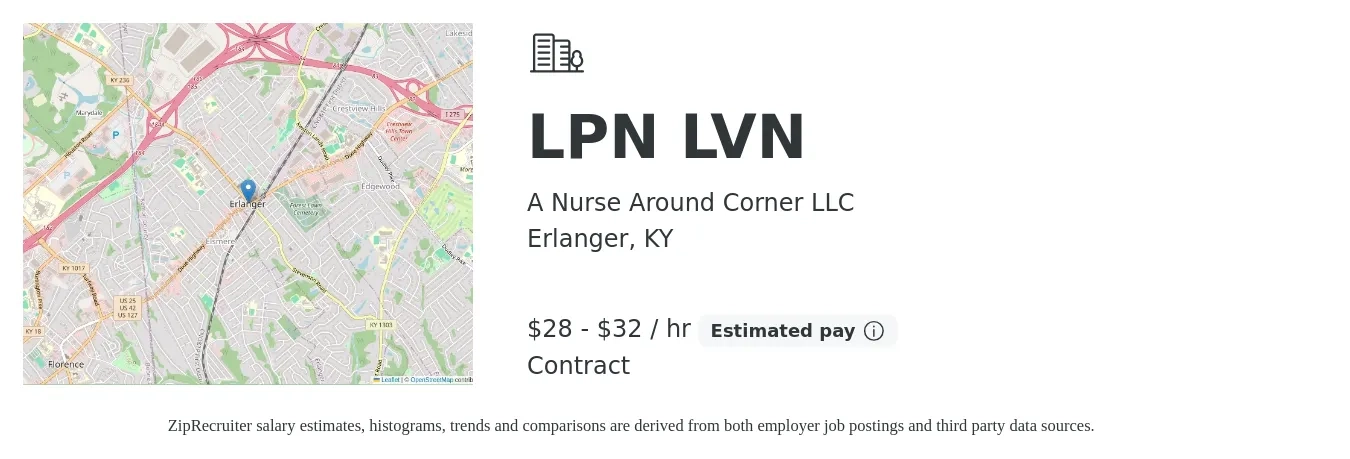 A Nurse Around Corner LLC job posting for a LPN LVN in Erlanger, KY with a salary of $30 to $34 Hourly with a map of Erlanger location.