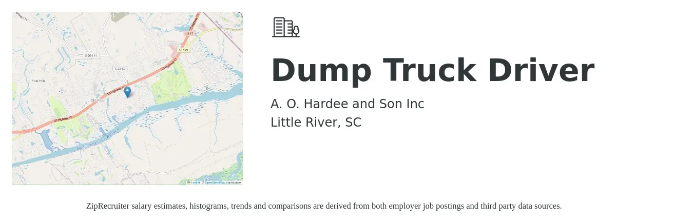 A.O. Hardee and Son, Inc. job posting for a Dump Truck Driver in Little River, SC with a salary of $19 to $24 Hourly with a map of Little River location.