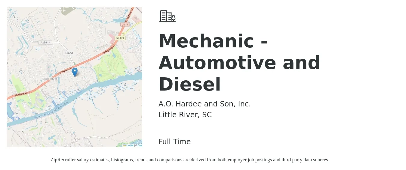 A.O. Hardee and Son, Inc. job posting for a Mechanic - Automotive and Diesel in Little River, SC with a salary of $24 to $31 Hourly with a map of Little River location.