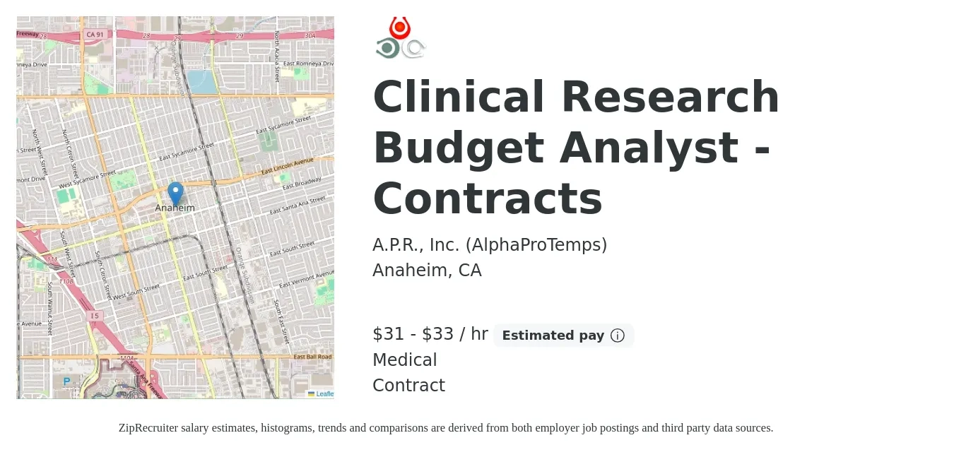 A.P.R., Inc. (AlphaProTemps) job posting for a Clinical Research Budget Analyst - Contracts in Anaheim, CA with a salary of $33 to $35 Hourly and benefits including medical with a map of Anaheim location.