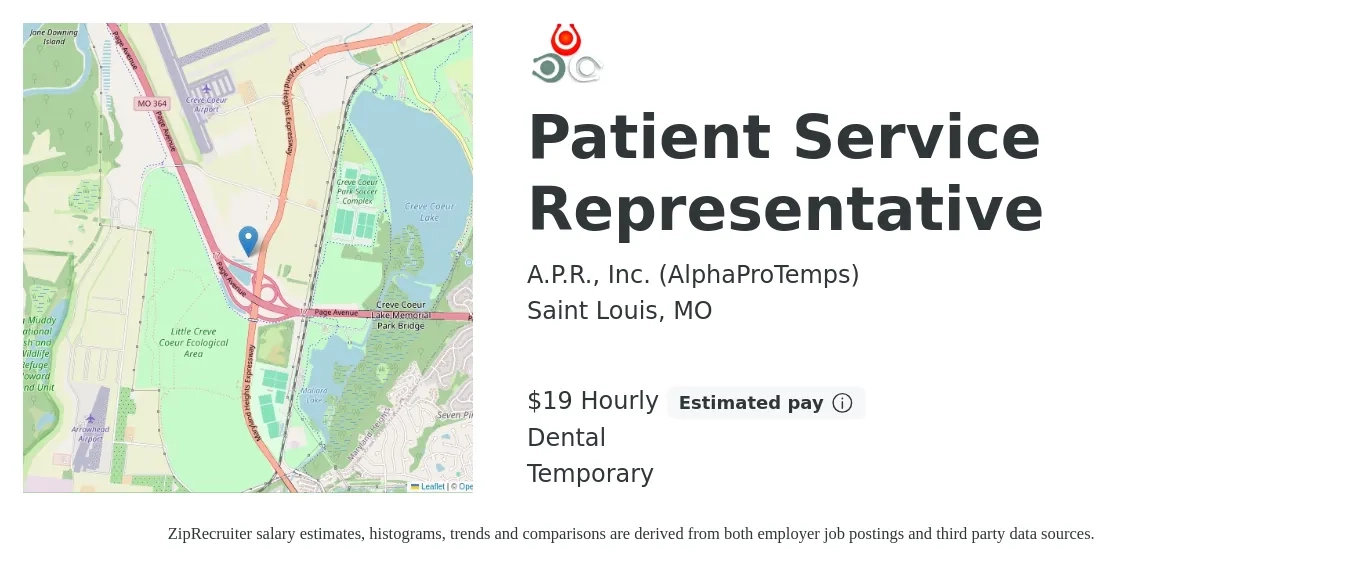 A.P.R., Inc. (AlphaProTemps) job posting for a Patient Service Representative in Saint Louis, MO with a salary of $20 Hourly and benefits including dental with a map of Saint Louis location.
