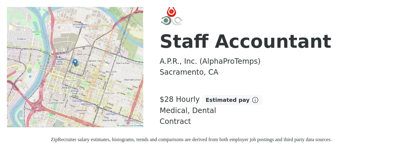 A.P.R., Inc. (AlphaProTemps) job posting for a Staff Accountant in Sacramento, CA with a salary of $30 Hourly and benefits including medical, and dental with a map of Sacramento location.