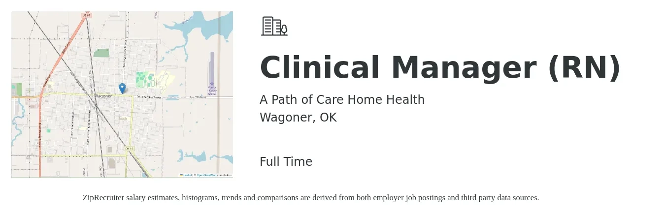 A Path of Care Home Health job posting for a Clinical Manager (RN) in Wagoner, OK with a salary of $50,000 to $73,700 Yearly with a map of Wagoner location.