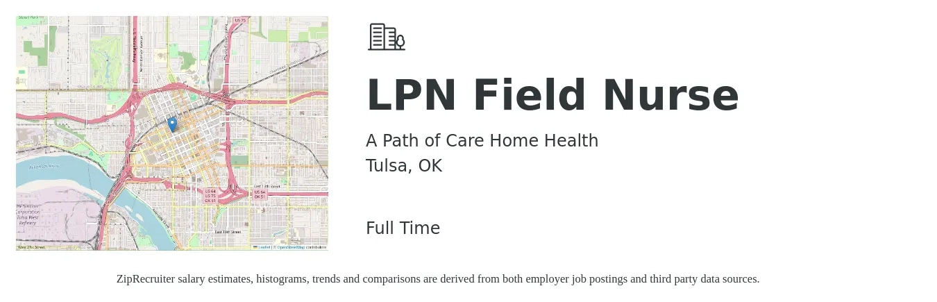 A Path of Care Home Health job posting for a LPN Field Nurse in Tulsa, OK with a salary of $57,900 to $82,700 Yearly with a map of Tulsa location.