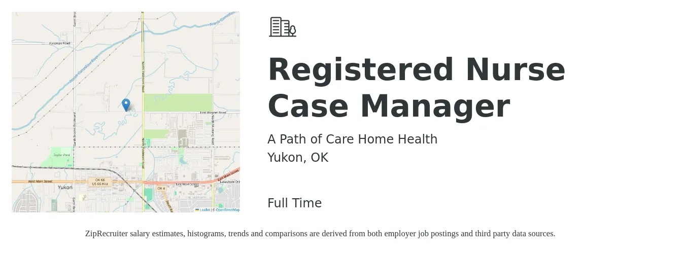 A Path of Care Home Health job posting for a Registered Nurse Case Manager in Yukon, OK with a salary of $31 to $50 Hourly with a map of Yukon location.