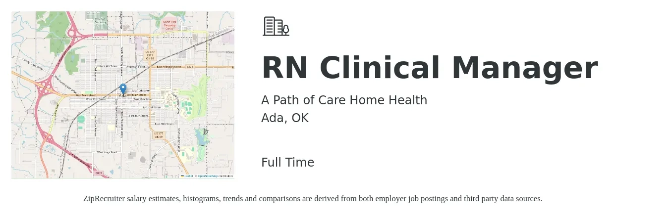 A Path of Care Home Health job posting for a RN Clinical Manager in Ada, OK with a salary of $59,100 to $87,000 Yearly with a map of Ada location.