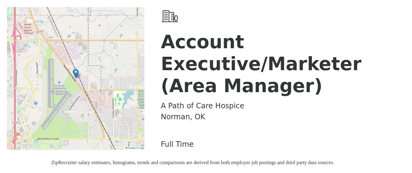 A Path of Care Hospice job posting for a Account Executive/Marketer (Area Manager) in Norman, OK with a salary of $41,000 to $61,300 Yearly with a map of Norman location.