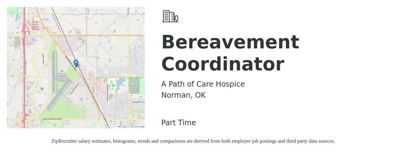 A Path of Care Hospice job posting for a Bereavement Coordinator in Norman, OK with a salary of $23 to $32 Hourly with a map of Norman location.