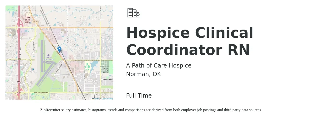 A Path of Care Hospice job posting for a Hospice Clinical Coordinator RN in Norman, OK with a salary of $29 to $40 Hourly with a map of Norman location.