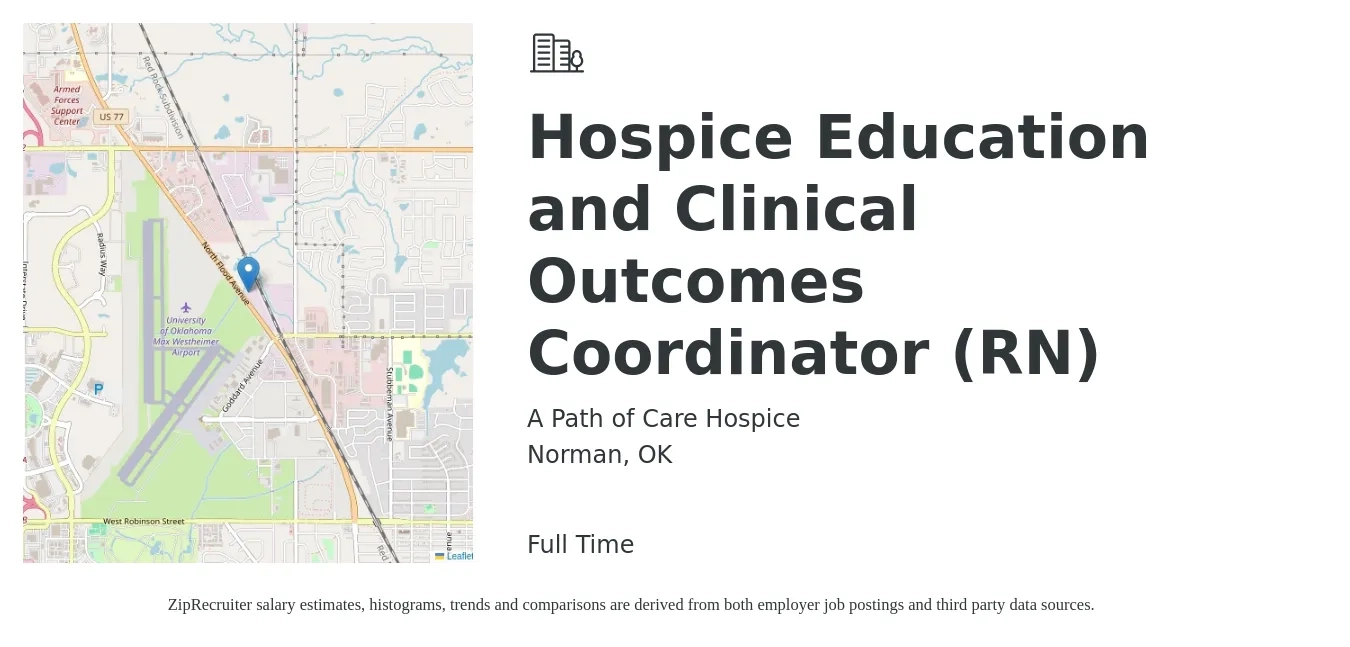 A Path of Care Hospice job posting for a Hospice Education and Clinical Outcomes Coordinator (RN) in Norman, OK with a salary of $29 to $40 Hourly with a map of Norman location.